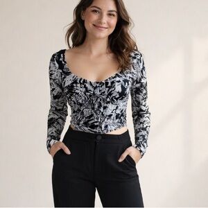 Vintage Corset Top Monochrome Monarch Women Size 8 Medium Long Sleeve Black Emo